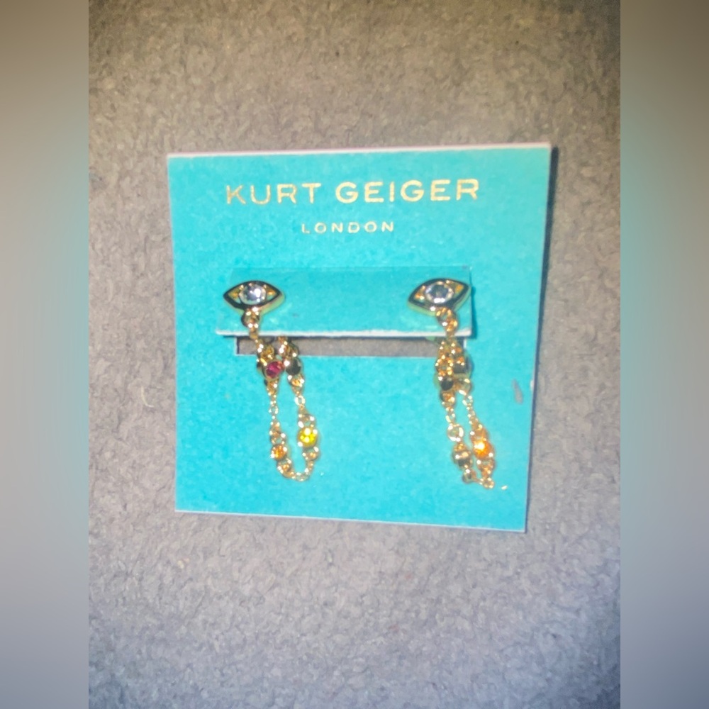 Kurt Geiger Gold Tone Eye-Detail Chain Drop Earrings with Multi-Colored Stones